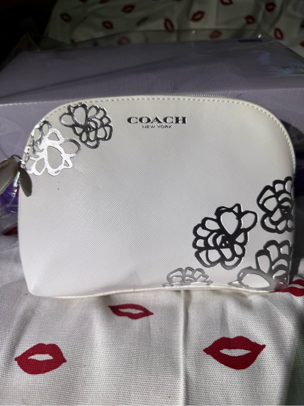 COACH White Floral Metallic Accent Zip Cosmetic Pouch